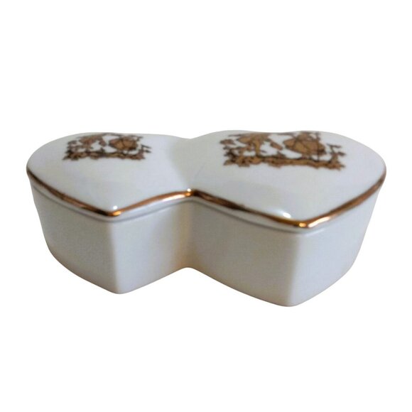 Vintage 1950's Porcelain-Double Heart Shaped-Gold Trim-Lady Angela Trinket Box - Picture 4 of 12